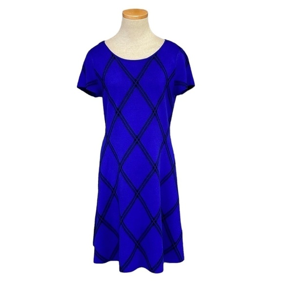 CeCe Dress Womens Medium Blue Diamond Pattern Short Sleeve Sheath Midi - Picture 1 of 16